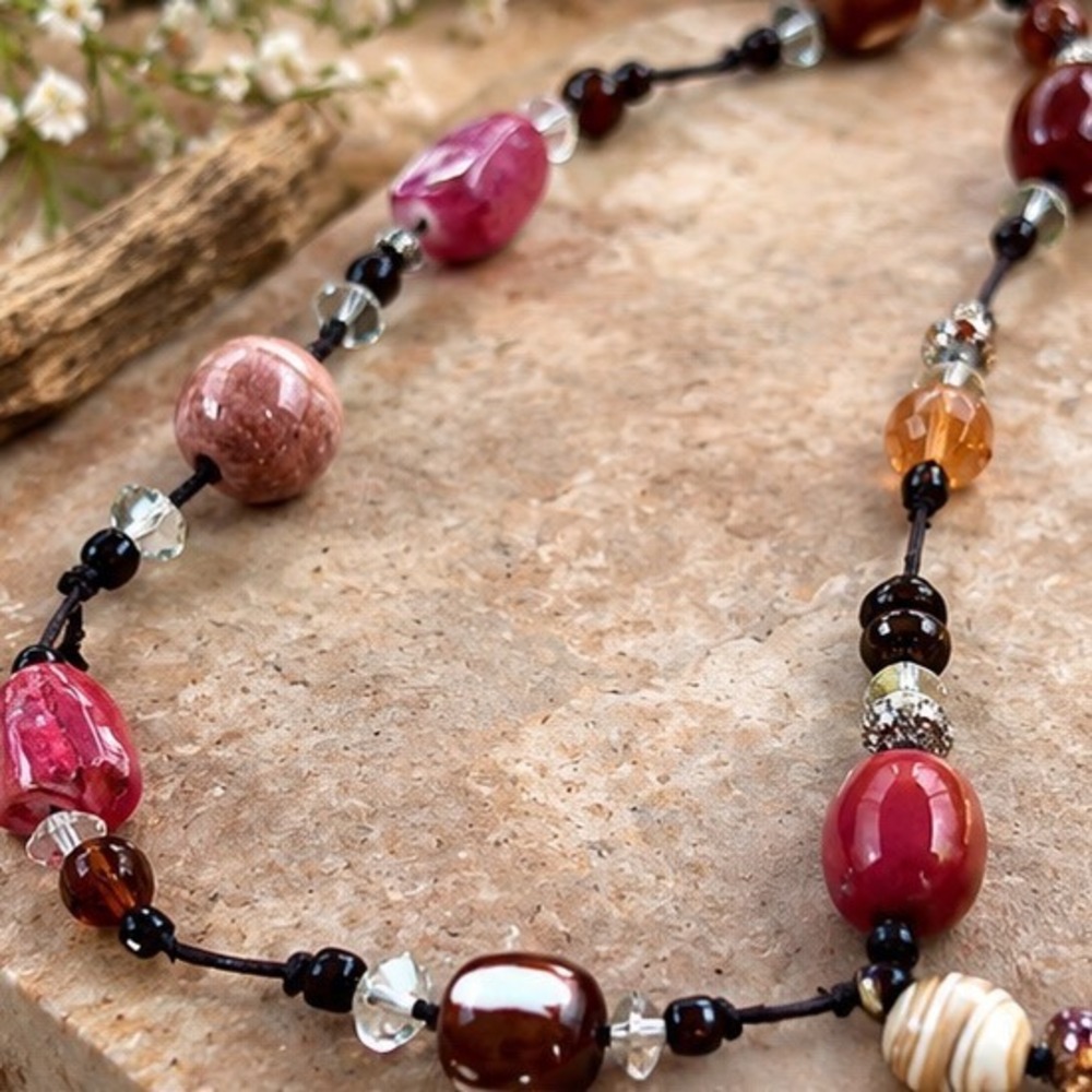Artisan Mixed Stone & Glass Necklace Beaded HandKnotted & Strung  Boho